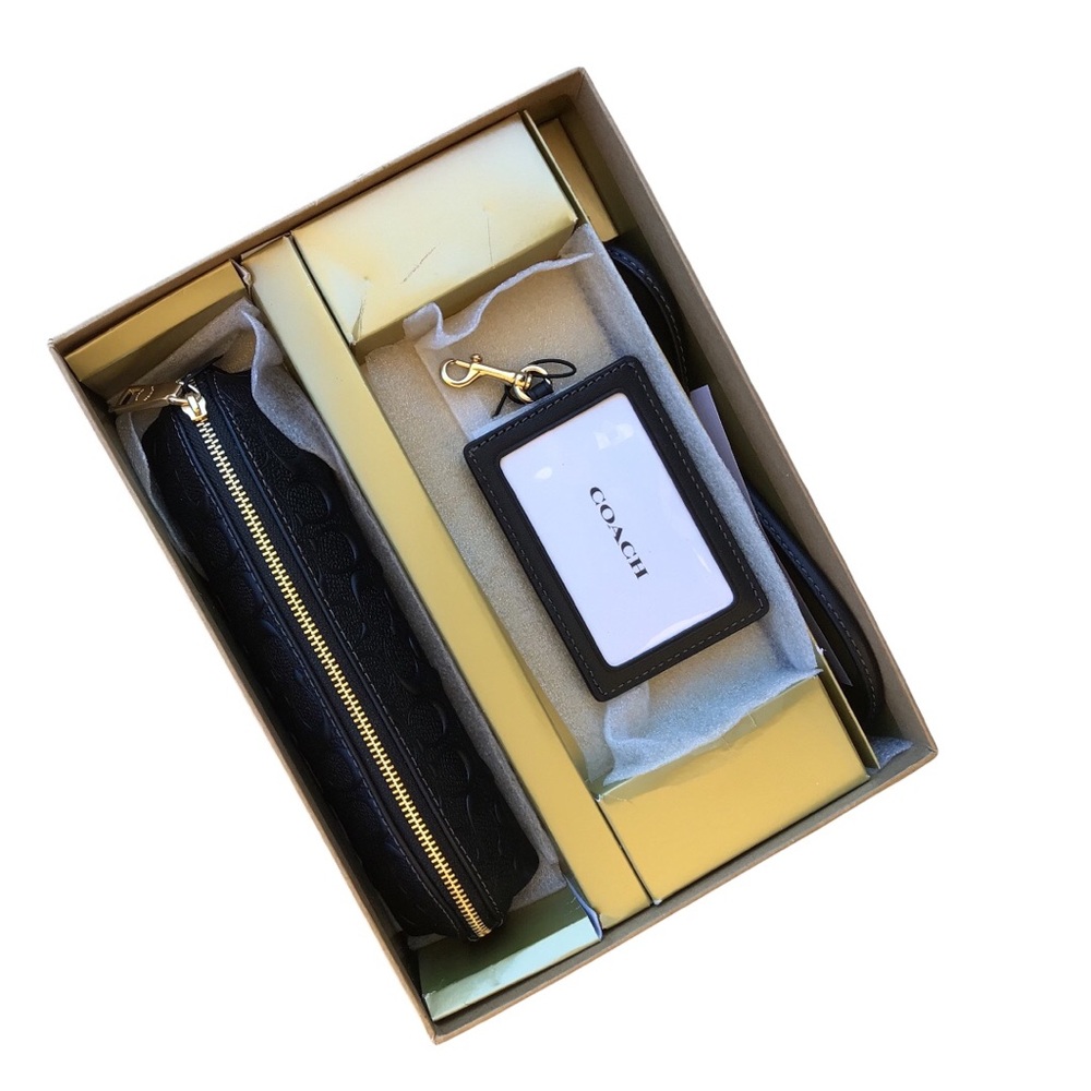 Coach Boxed Signature Leather Pencil Case Cardholder Black Embossed Set - Picture 3 of 8
